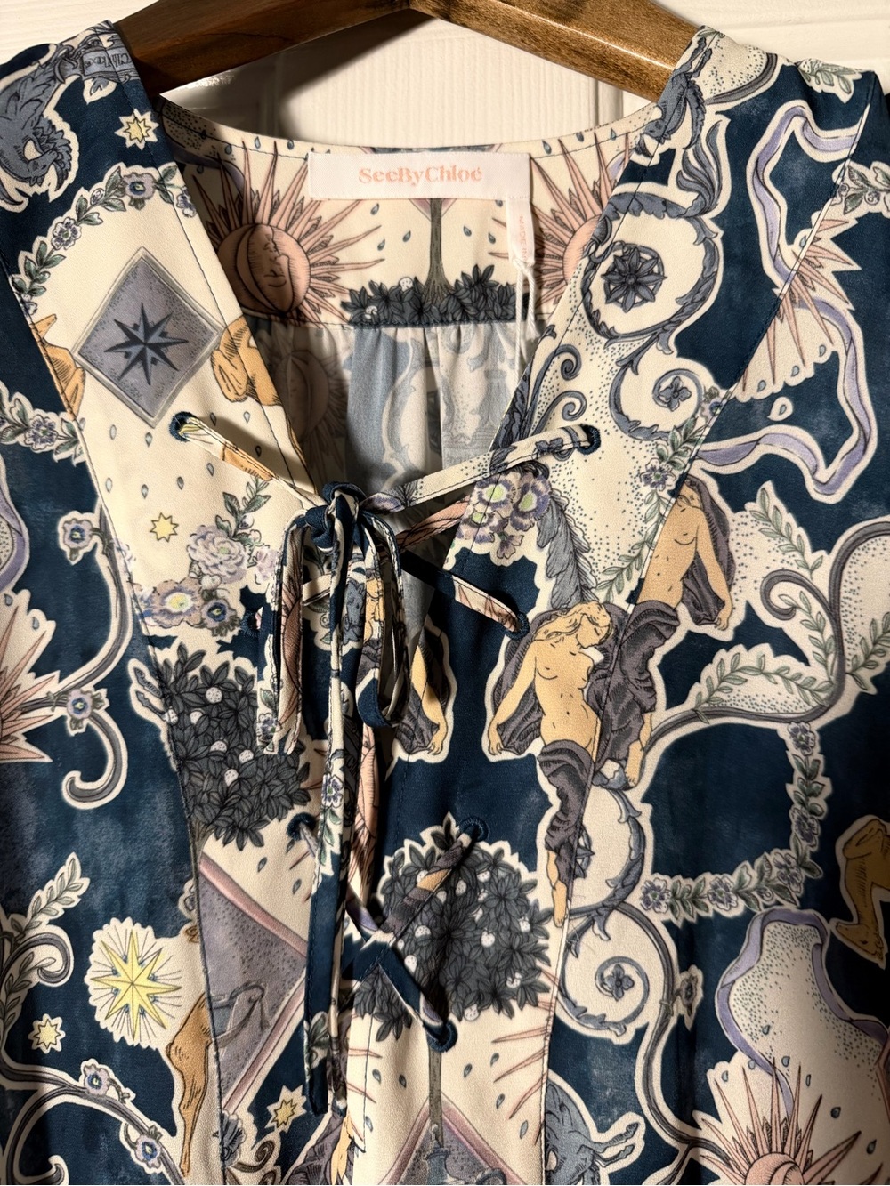 See by Chloe Boho Floral Tie-Neck Maxi Dress in Blue and Cream - Picture 4 of 7